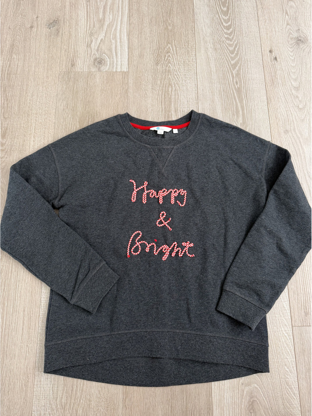 Boden Charcoal Gray 'Happy & Bright' Embroidered Sweatshirt Size S